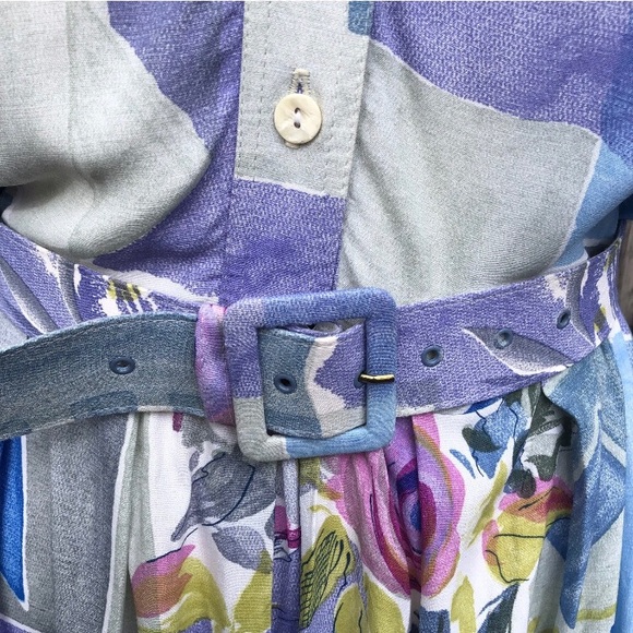 Vintage Midi Blouson Dress Light Blue Wacky 80's Plus Size 14/16 Secretary Belt - Picture 7 of 8